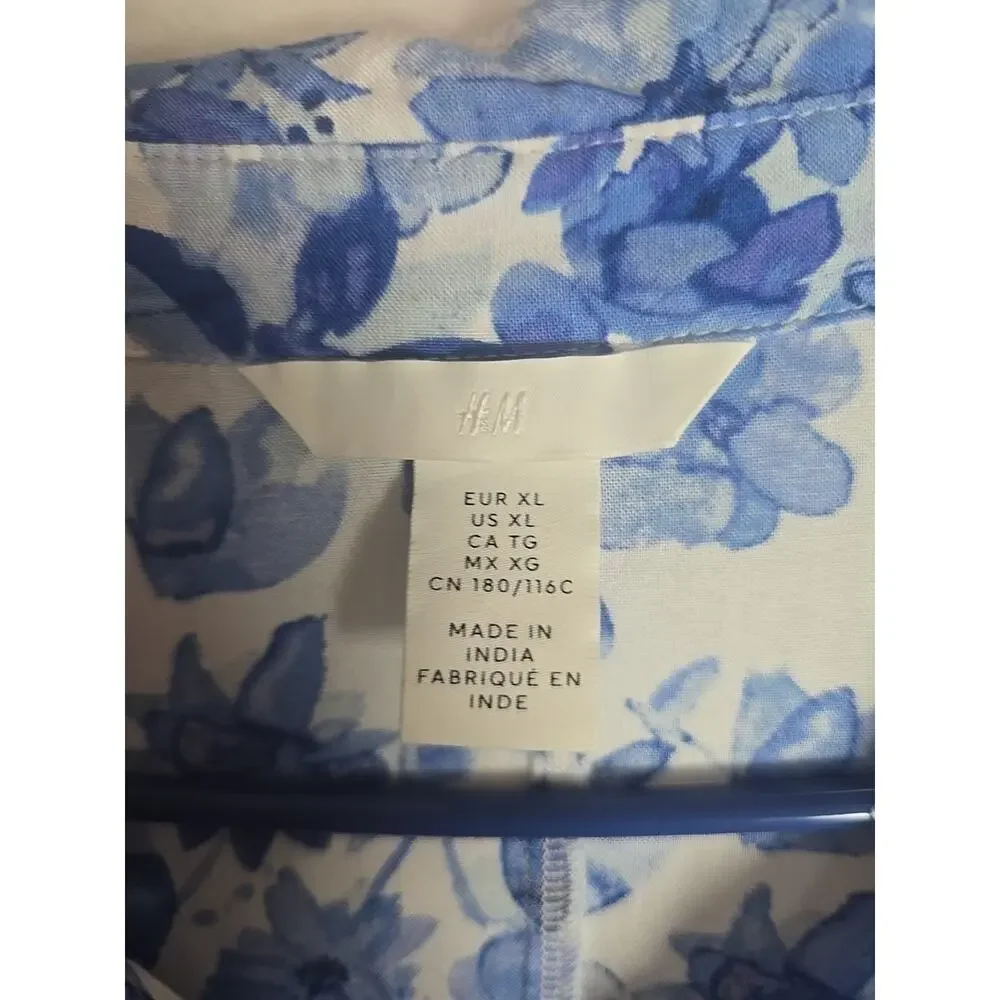H&M Button Up Shirt Dress XL Blue Floral Oversized Lightweight Travel Summer - Picture 9 of 10
